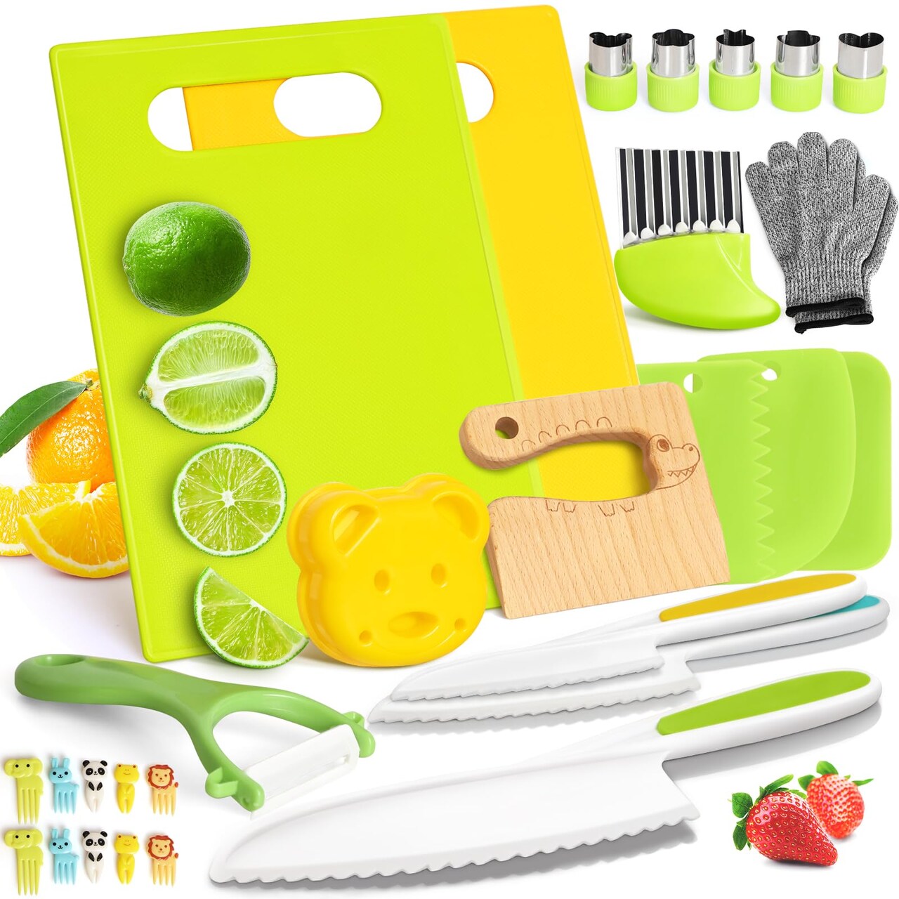 28PCS Toddler Knife Set - Kids Knifes for Real Cooking, Wooden Kids Kitchen Knife Set with Gloves Cutting Board Crinkle Cutters Kid Safe Knives, Toddlers Kitchen Tools